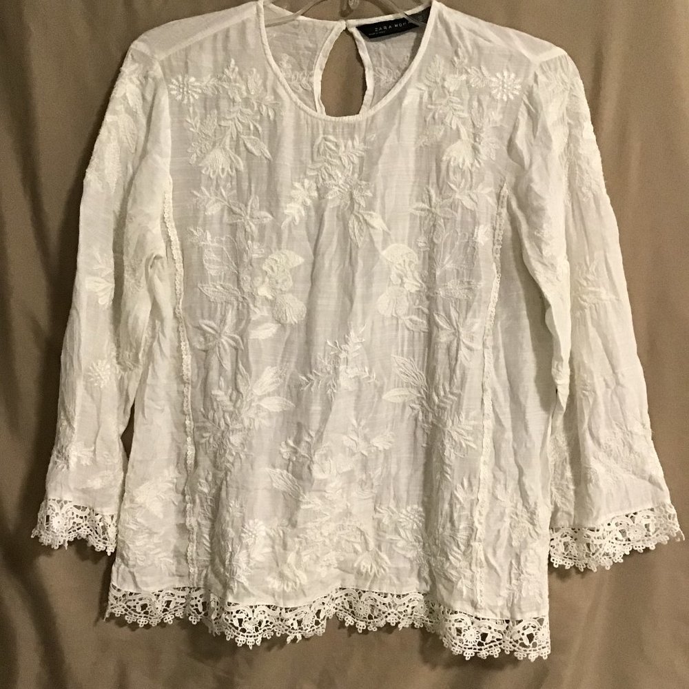 Zara Cream Embellished Blouse with Three-Quarter Sleeves